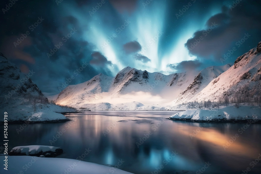 Naklejka premium beautiful snowy mountain landscape with riverbeautiful snowy mountain landscape with river at night time