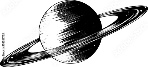 Fototapeta Naklejka Na Ścianę i Meble -  PNG engraved style illustration for posters, decoration and print. Hand drawn sketch of saturn planet in monochrome isolated on white background. Detailed vintage woodcut style drawing.	
