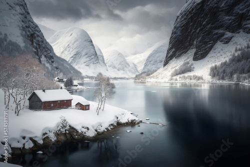 beautiful snowy mountain landscape with river photo