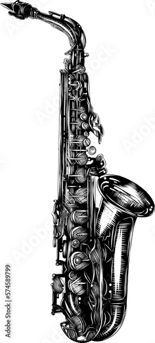 PNG engraved style illustration for posters, decoration and print. Hand drawn sketch of saxophone in monochrome isolated on white background. Detailed vintage woodcut style drawing.	
