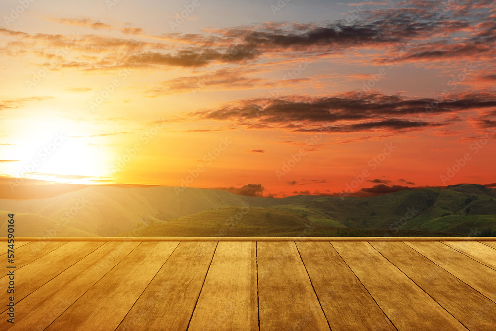 Wooden floor with green hills and landscape view