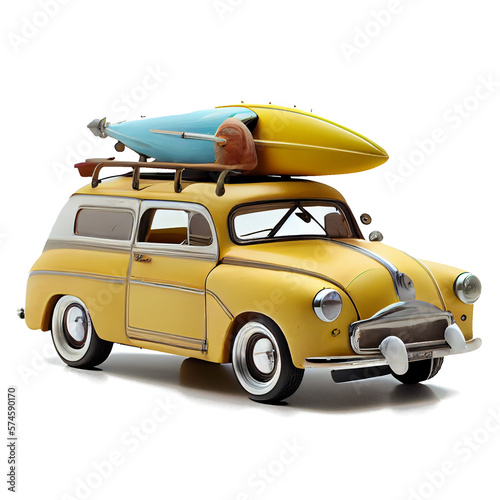 yellow retro car for travel on transparent background generative AI