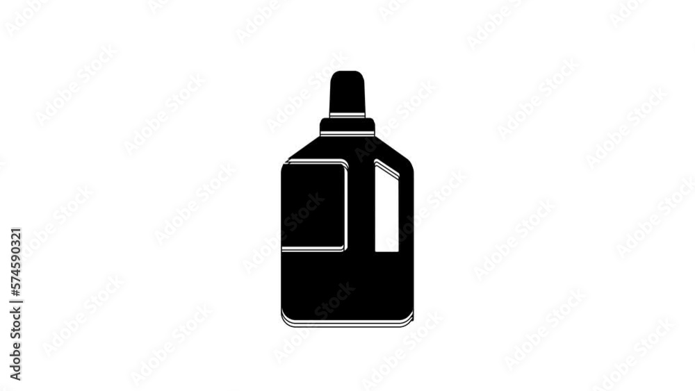Black Fabric softener icon isolated on white background. Liquid laundry detergent, conditioner, cleaning agent, bleach. 4K Video motion graphic animation