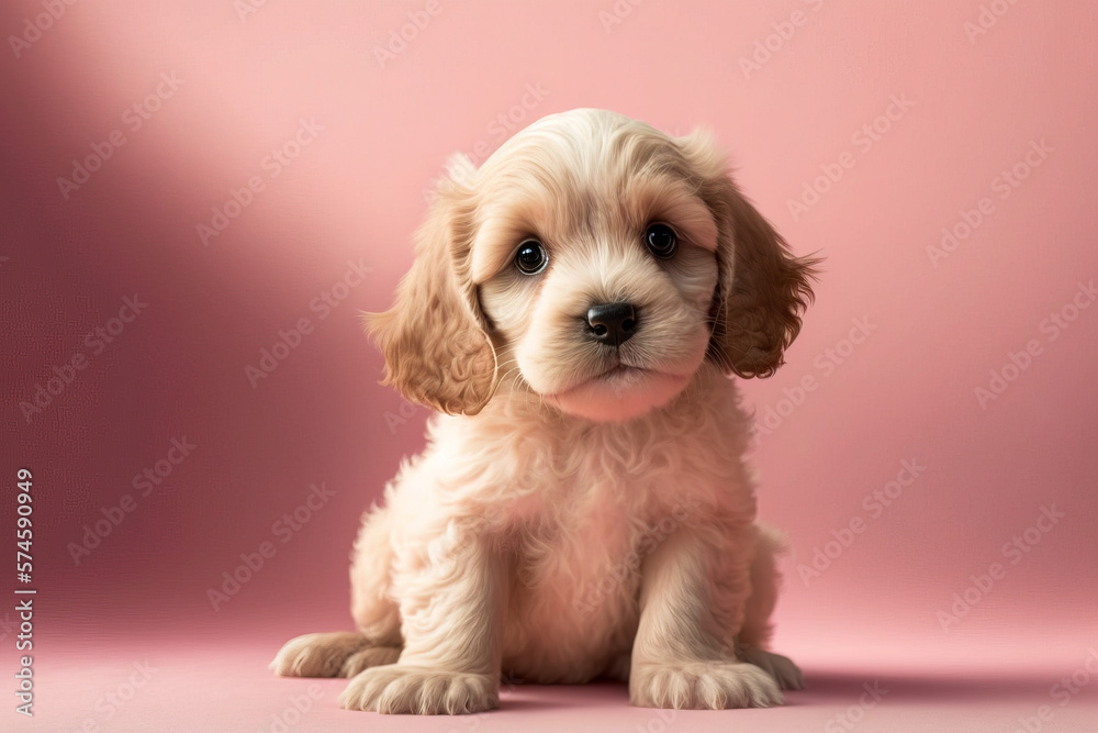 Cute puppy looking at the camera on pastel colorful background. Adorable pet. Generative AI Cute puppy looking at the camera on pastel colorful background. Adorable pet. Generative AI