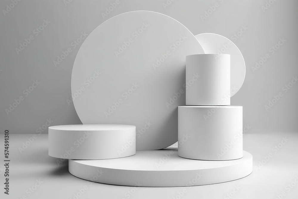 Abstract white 3D room with realistic white cylinder pedestal podium set. Minimal scene for product display presentation. Generative Ai Abstract white 3D room with realistic white cylinder pedestal podium set. Minimal scene for product display presentation. Generative Ai