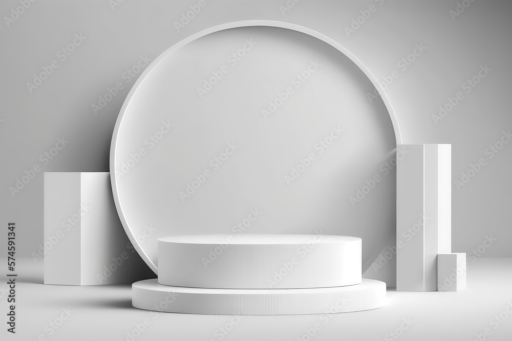Abstract white 3D room with realistic white cylinder pedestal podium set. Minimal scene for product display presentation. Generative Ai Abstract white 3D room with realistic white cylinder pedestal podium set. Minimal scene for product display presentation. Generative Ai