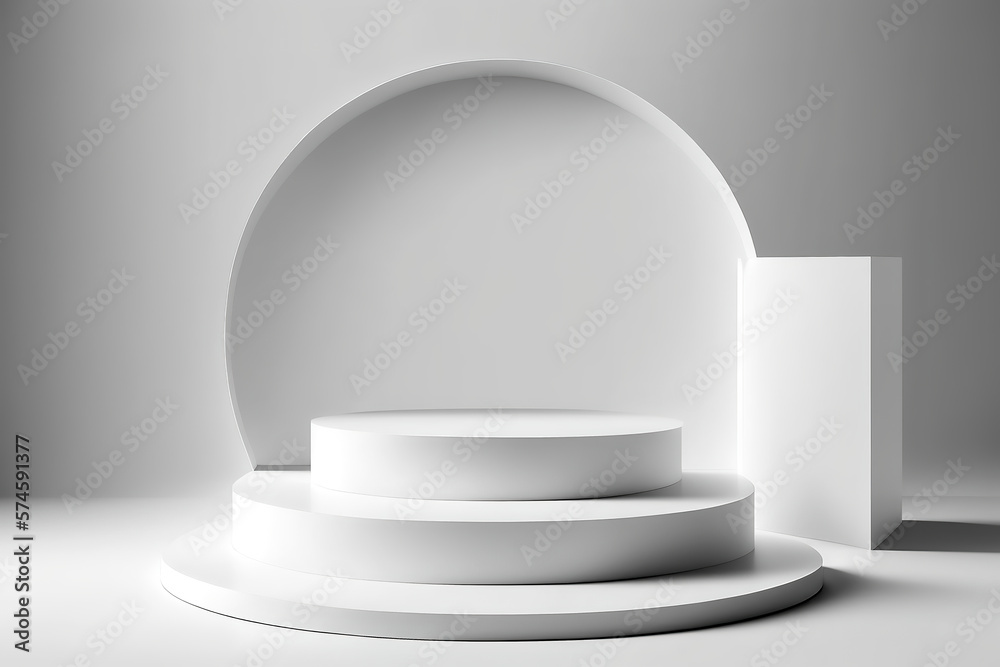 Abstract white 3D room with realistic white cylinder pedestal podium set. Minimal scene for product display presentation. Generative Ai Abstract white 3D room with realistic white cylinder pedestal podium set. Minimal scene for product display presentation. Generative Ai