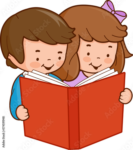 Two children, a girl and a boy read a book together. Vector illustration