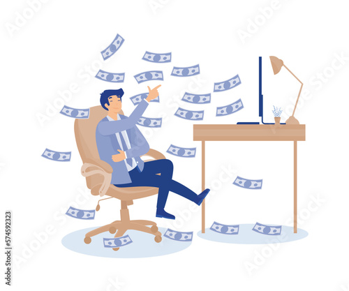 Make money online, easy money concept, rich businessman relax making money from computer. modern flat vector illustration