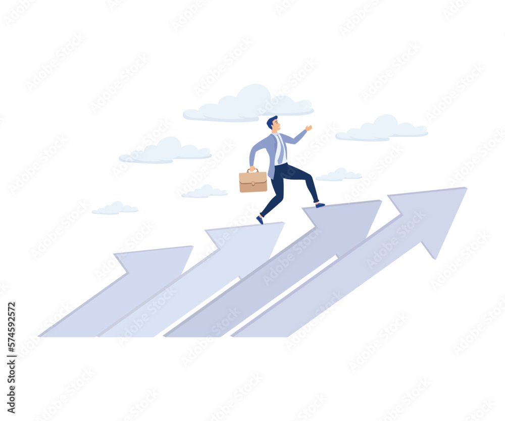 Career growth, career development or ambition to success concept, confidence businesswoman walking up growth arrow stair. modern flat vector illustration Career growth, career development or ambition to success concept, confidence businesswoman walking up growth arrow stair. modern flat vector illustration