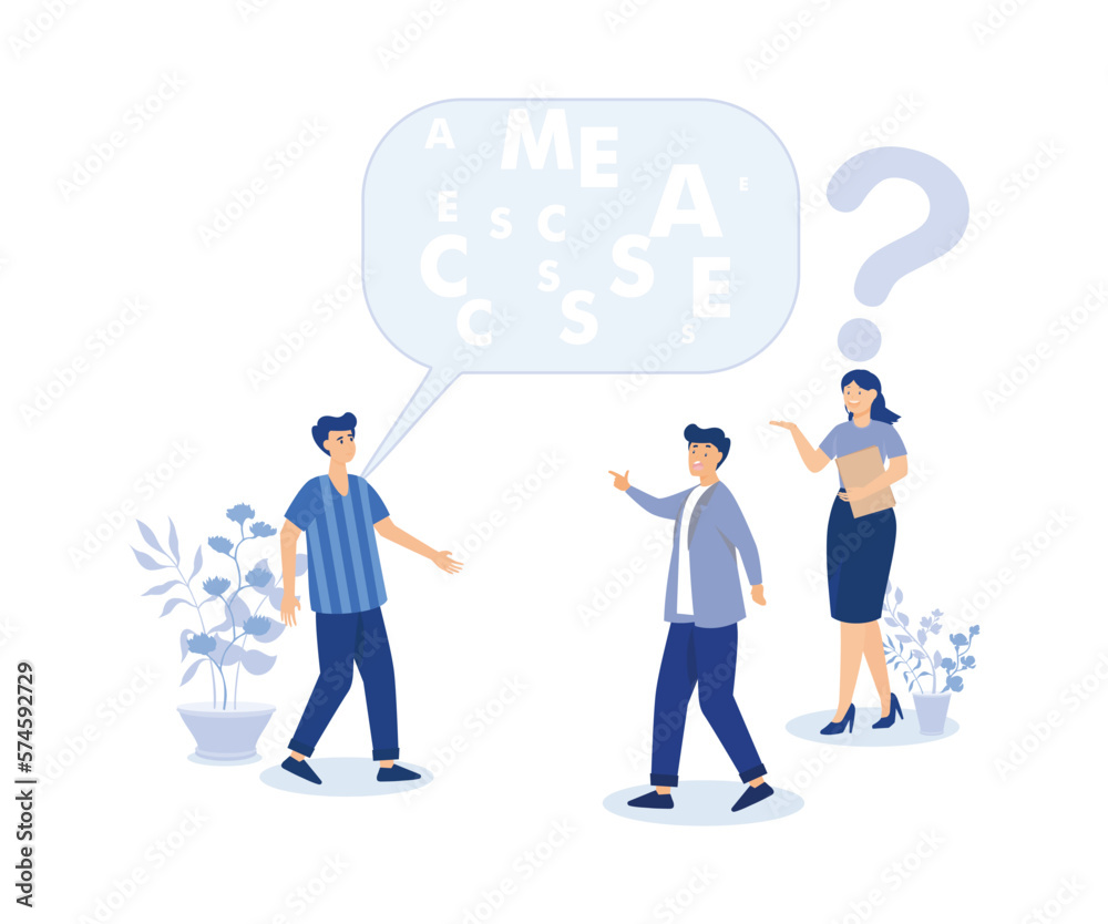 Jargon, complicated conversation,businessman talk with jargon word in speech bubble dialog make other confused. modern flat vector illustration Jargon, complicated conversation,businessman talk with jargon word in speech bubble dialog make other confused. modern flat vector illustration
