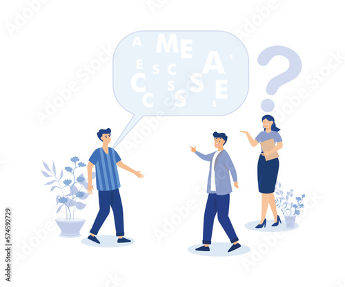 Jargon, complicated conversation,businessman talk with jargon word in speech bubble dialog make other confused. modern flat vector illustration 