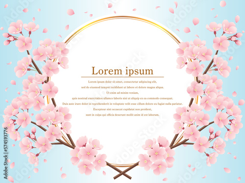 交差した桜の枝と桜吹雪と金色ラインの丸フレームのイラスト（水色）