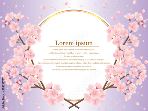 交差した桜の枝と桜吹雪と金色ラインの丸フレームのイラスト（紫）