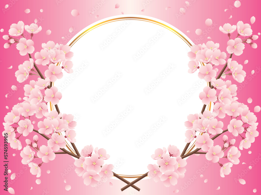交差した桜の枝と桜吹雪と金色ラインの丸フレームのイラスト（ピンク）