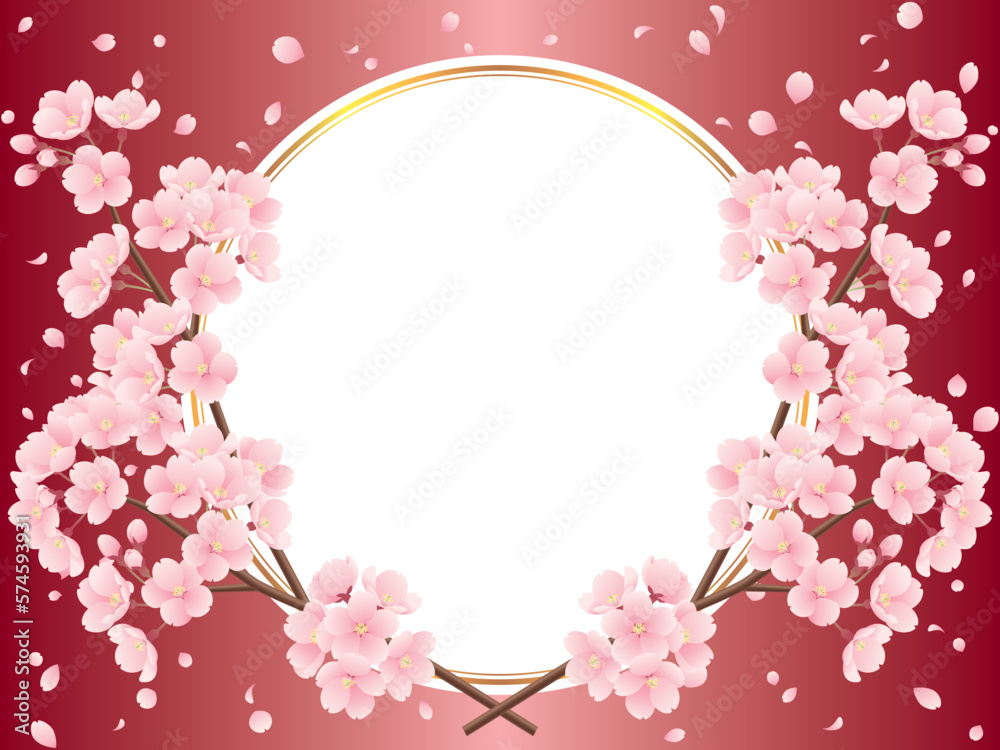 交差した桜の枝と桜吹雪と金色ラインの丸フレームのイラスト（赤）