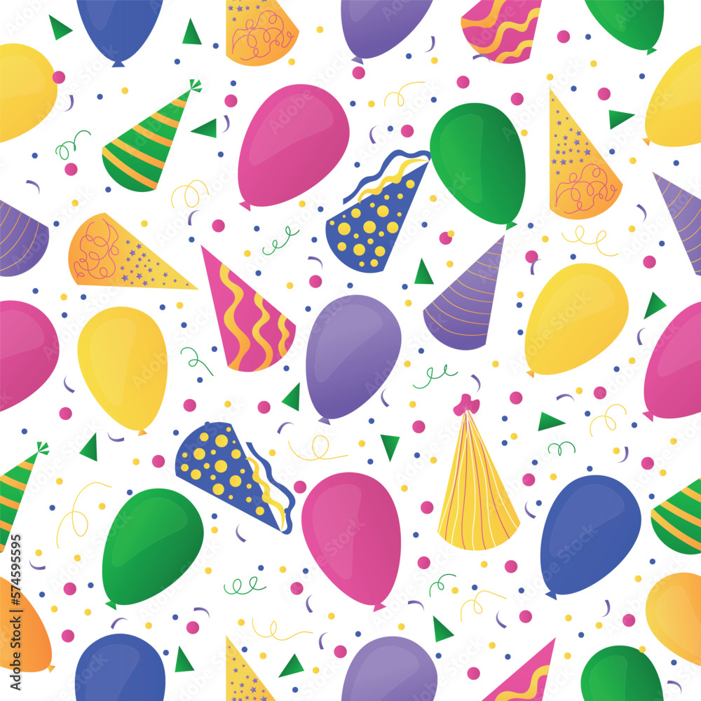 Many bright party hats and balloons on white background. Banner for design Many bright party hats and balloons on white background. Banner for design