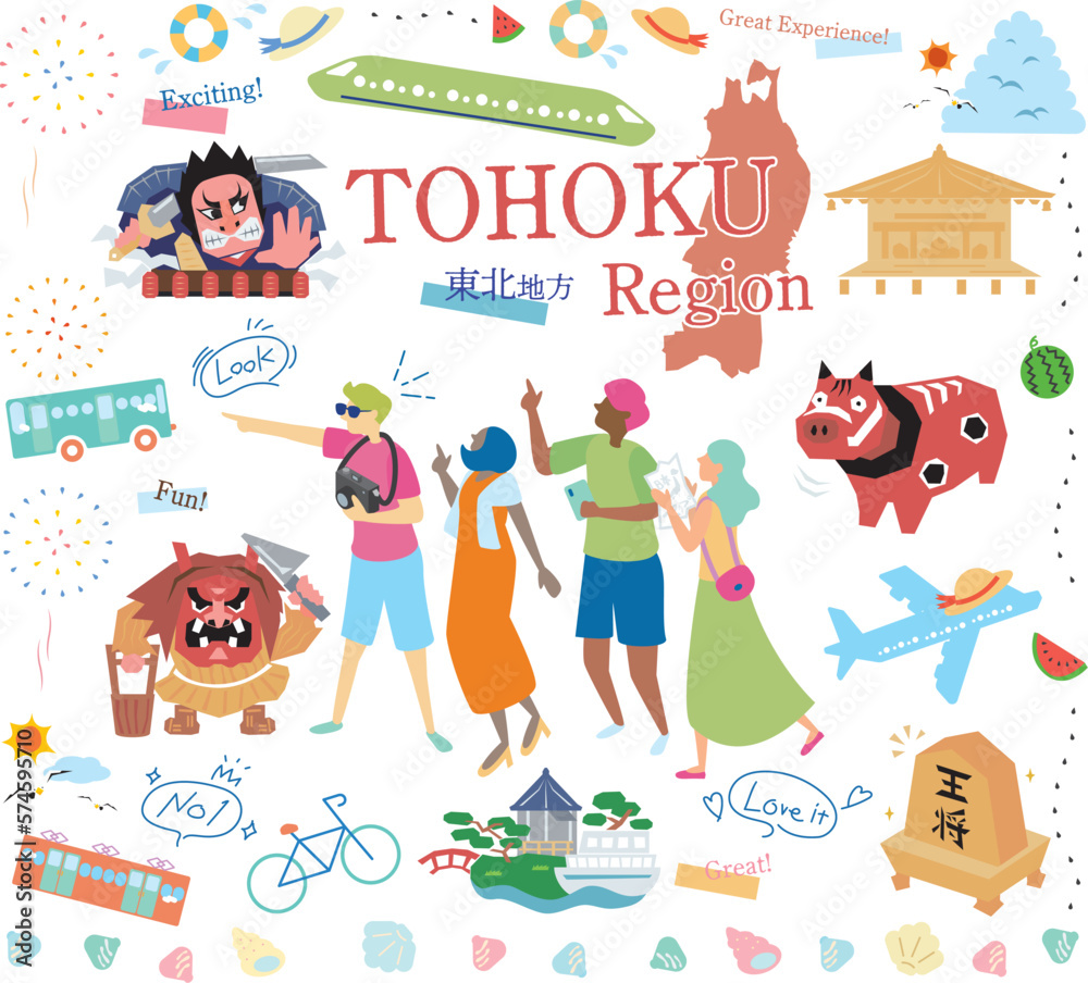 Fototapeta premium 日本の東北地方の夏の名所観光を楽しむ観光客、アイコンのセット（フラット）