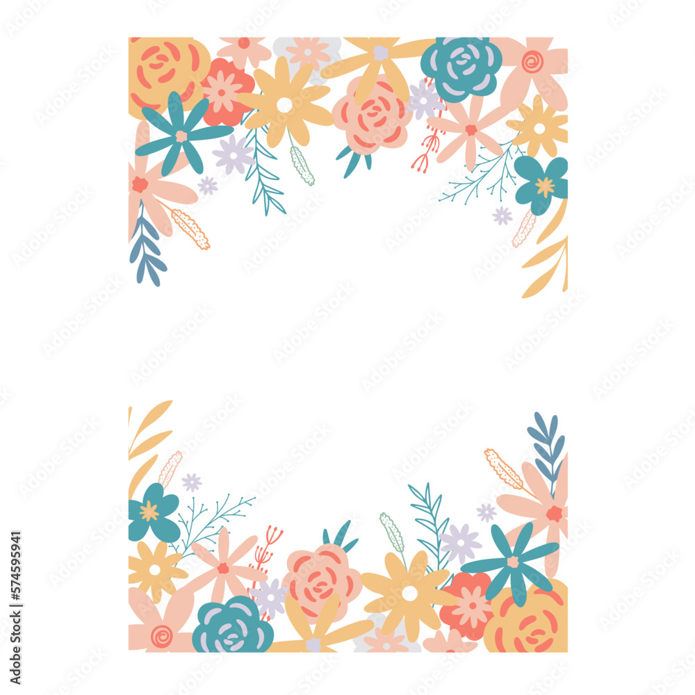 Floral rectangular rustic frame. Template for invitations, greetings, postcards, brochures and flyers. Flowers, herbs and foliage decor with empty space for text. Isolated Blank, vector illustration