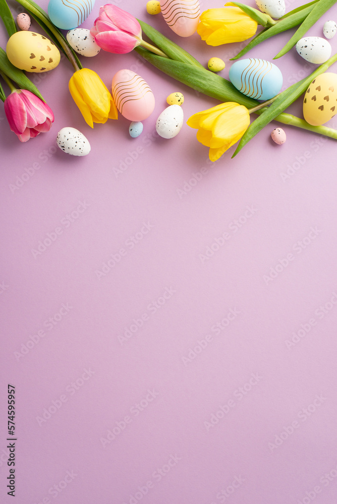 Easter decorations concept. Top view vertical photo of yellow pink tulips and colorful easter eggs on isolated lilac background with copyspace