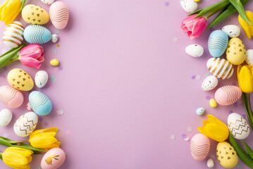 Easter decor concept. Top view photo of colorful easter eggs flowers yellow pink tulips and confetti on isolated lilac background with empty space