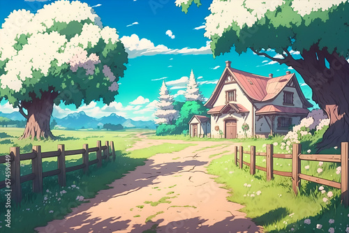 Concept art illustration of a meadow spring landscape anime background scenery. Easter themed background. Path to springtime green pasture field with fluffy clouds, mountains and wooden fence. 