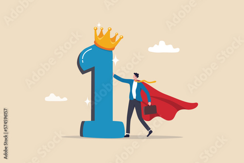 First winner achievement, success or business victory, award winning celebration or best employee of the month, triumph concept, success businessman superhero stand with 1st place award with crown.