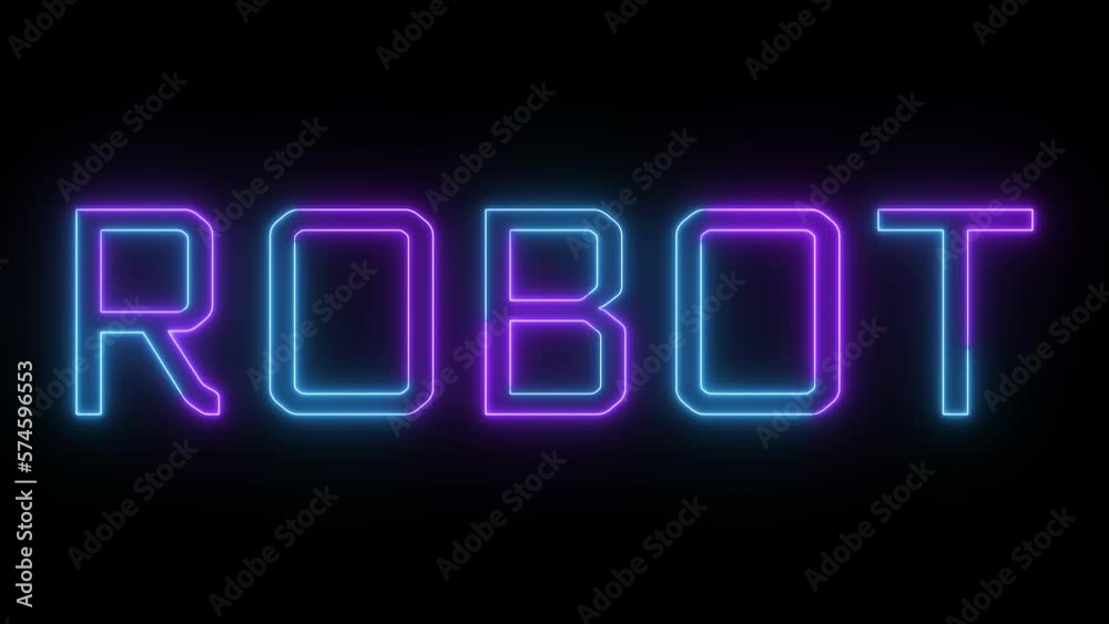 Neon glowing robot text flickering animation on black background