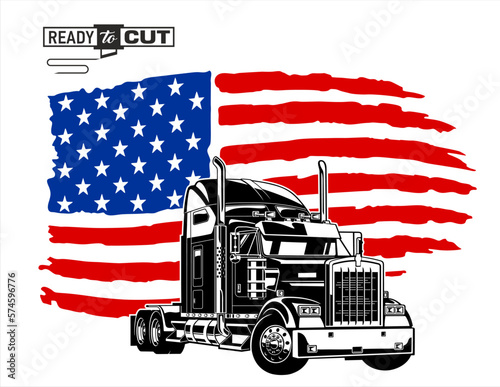  Classic american semi truck. Isolated vehicle with USA flag on white background. Prepared for printing and cutting (Cricut, Silhouette, Cameo). 