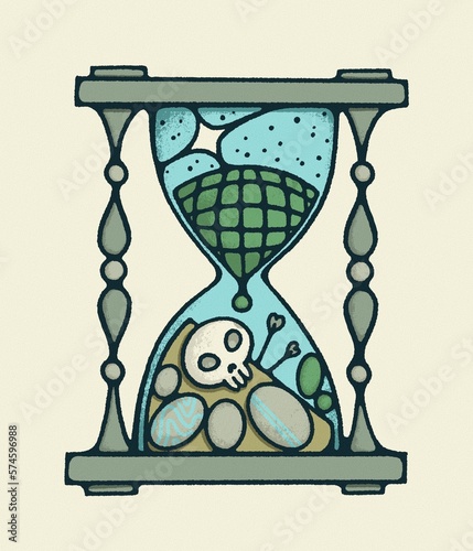 Vintage illustration of a sand clock with earth, which transforms into bones and stones. Life is fleeting 