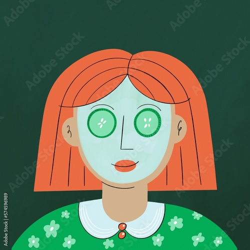 Flat illustration of a woman taking skincare and applying a face mask