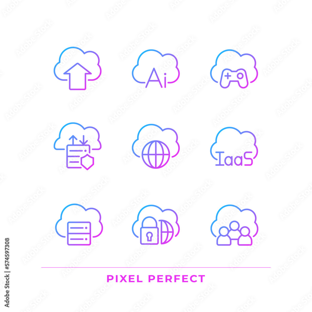 Cloud based service for data processing pixel perfect gradient linear vector icons set. Storage information. Thin line contour symbol designs bundle. Isolated outline illustrations collection Cloud based service for data processing pixel perfect gradient linear vector icons set. Storage information. Thin line contour symbol designs bundle. Isolated outline illustrations collection