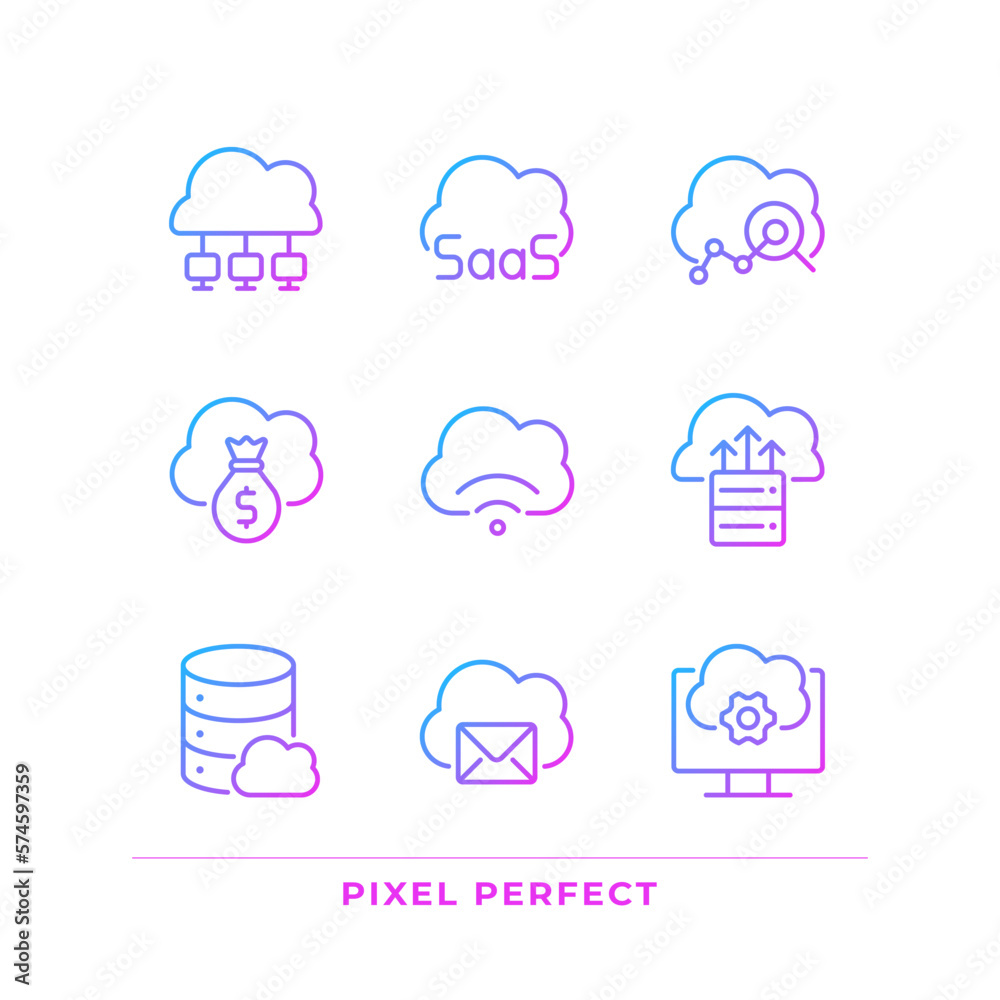 Access to data on cloud based resources pixel perfect gradient linear vector icons set. Computing system features. Thin line contour symbol designs bundle. Isolated outline illustrations collection Access to data on cloud based resources pixel perfect gradient linear vector icons set. Computing system features. Thin line contour symbol designs bundle. Isolated outline illustrations collection