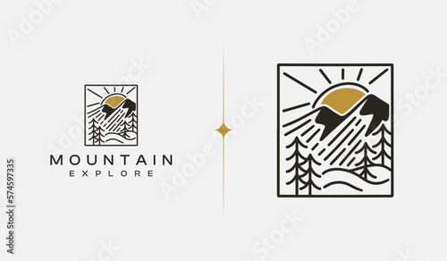 Mountain Hill Top Sun Rays monoline. Universal creative premium symbol. Vector sign icon logo template. Vector illustration