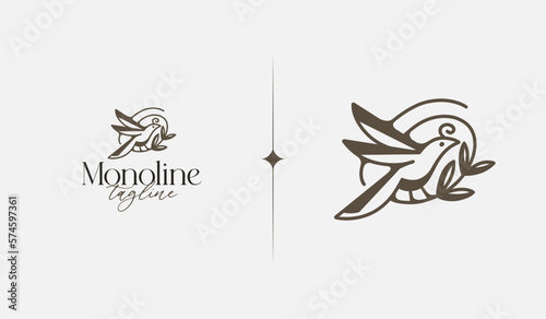 Bird with Leaf Plant monoline. Universal creative premium symbol. Vector sign icon logo template. Vector illustration