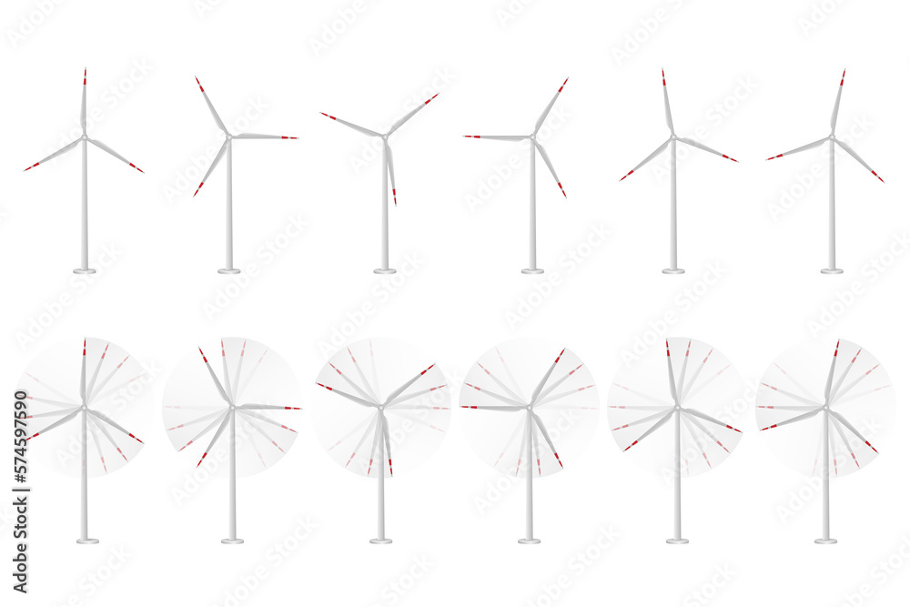 Wind turbines Set, windmill, wind generator Vector Illustration Isolated on white background Wind turbines Set, windmill, wind generator Vector Illustration Isolated on white background