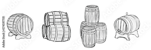 Set of wooden barrels on white background