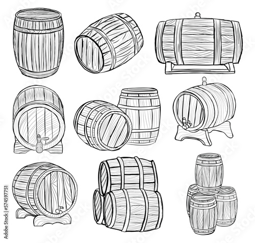 Set of wooden barrels on white background