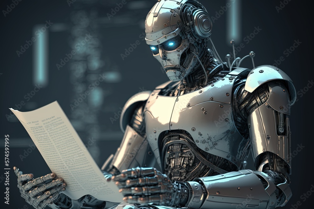 Fototapeta premium Futuristic robot works with documents. work, artificial intelligence, science, automation, process, intelligence, smart, business, reading, studying, checking. Technology concept. AI