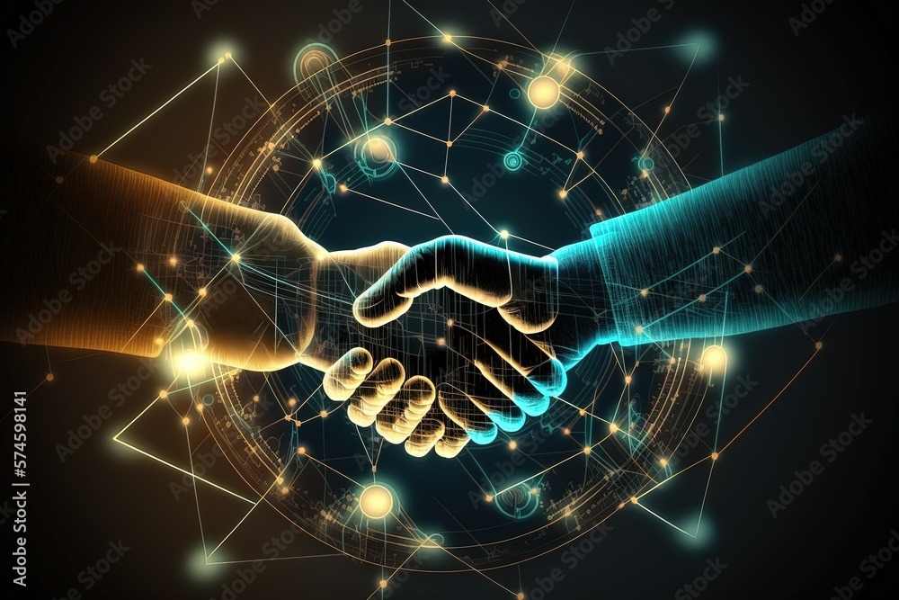 Crypto Business handshake on finance prosperity. Market, cryptocurrency, coins, shares, capital, work, company, money, cooperation, bank, smart contracts, economy, infographics. Business concept. AI