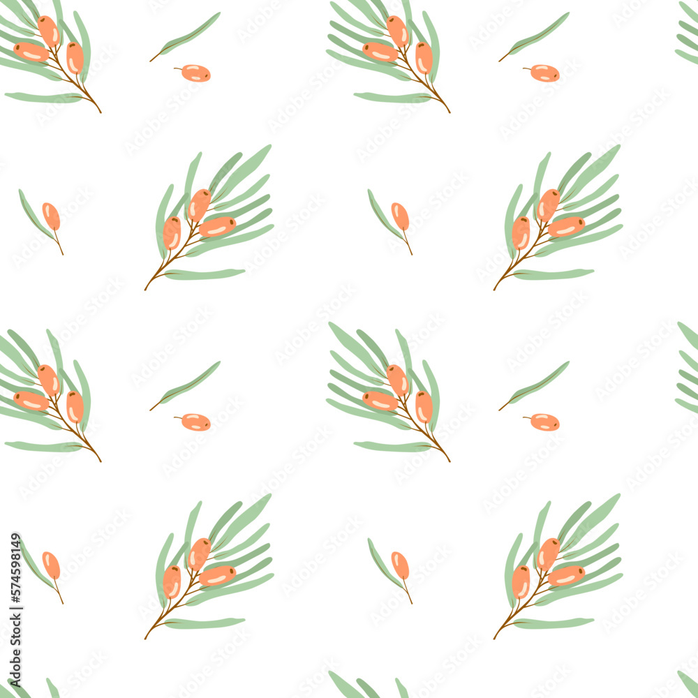 Seamless pattern of branches with orange berries and leaves on a white background. Vector simple sea buckthorn ornament.