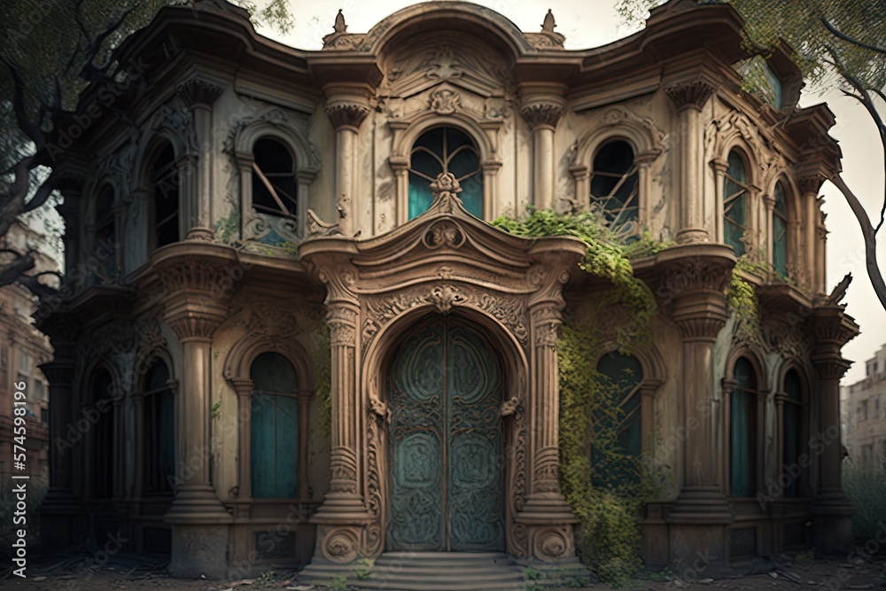 Luxurious abandoned building. carved doors, two-storey, luxurious, trees, panorama, beautiful sky, interior, architecture, painting, decoration, cottage, carved pattern, windows. Concept. AI