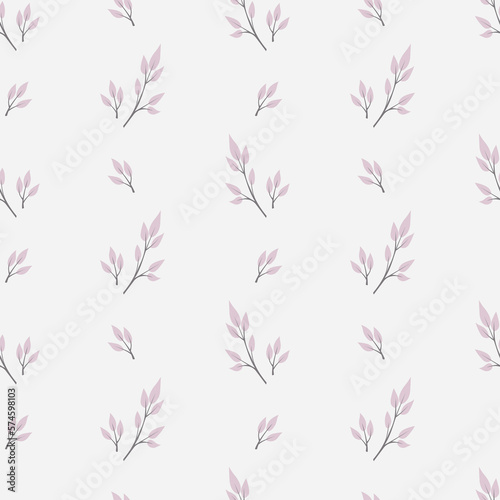 Seamless pattern of branches with pink leaves on a light pink background. Vector simple ornament.
