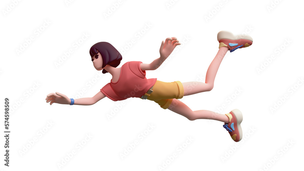 Cute kawaii funny asian brunette k-pop girl in fashion casual clothes yellow shorts, red t-shirt floats in air in zero gravity in dream, inspiration, imagination. 3d render isolated on white backdrop.