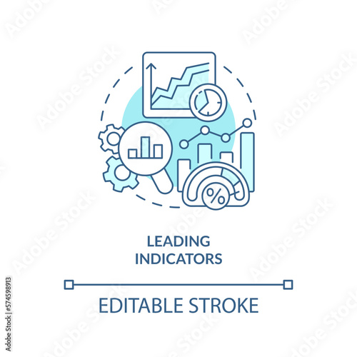 Leading indicators turquoise concept icon. Type of economic analysis elements abstract idea thin line illustration. Isolated outline drawing. Editable stroke. Arial, Myriad Pro-Bold fonts used