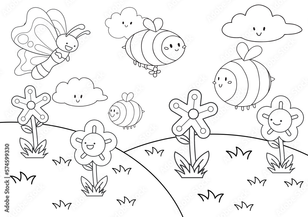 Happy bees in the field coloring page