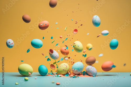 Painted egg falling on to light blue ground with colorful fragment splashing in air on yellow background. Generative AI.