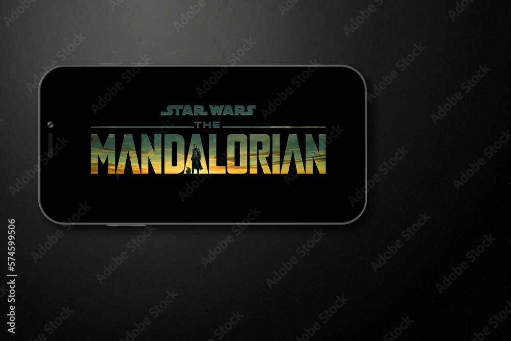 Naklejka premium The Mandalorian logo on smartphone screen. Moscow, Russia - February, 2023.