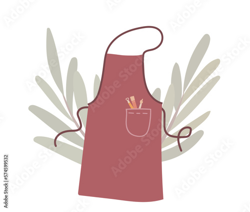 Pottery studio logo concept with apron and tools in pocket. Vector illustration isolated on white