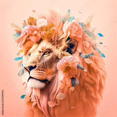 Pastel pink animal concept, love animal covered with fresh spring flowers all over its body. Pink lion. Illustration. Generative AI.